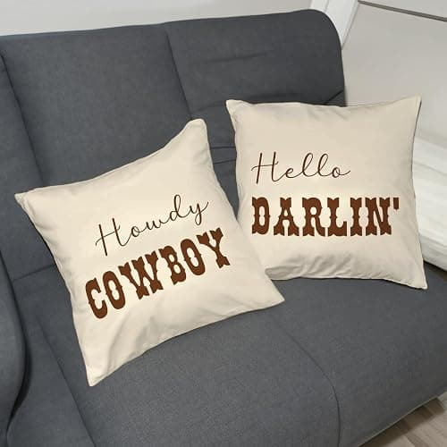 CarOptics Howdy Cowboy & Hello Darlin’ Lumbar Pillow Covers 18x18 Inch – Set of 2 Western Couple Throw Pillowcases for Rustic Farmhouse Decor, Country Gifts for Couch or Sofa (Beige) thumbnail 4