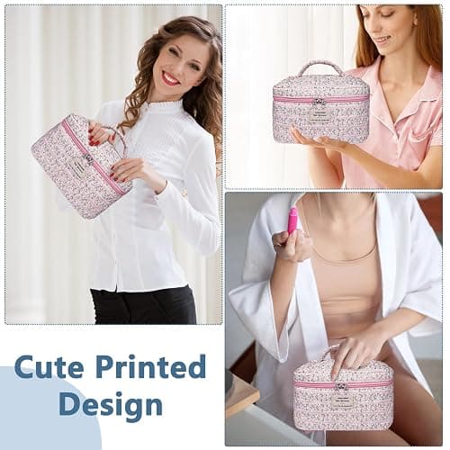 Gosect Large Makeup Bag, Cute Cosmetic Bag for Women Girls, Floral Coquette Aesthetic Toiletry Bag, Travel Make Up Organizer Bag(Small Pink Floral thumbnail 5