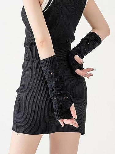 URAWESO Goth Arm Warmers Emo Punk Y2k Arm Sleeves Fingerless Gloves Cosplay Costume - Black04 thumbnail 6