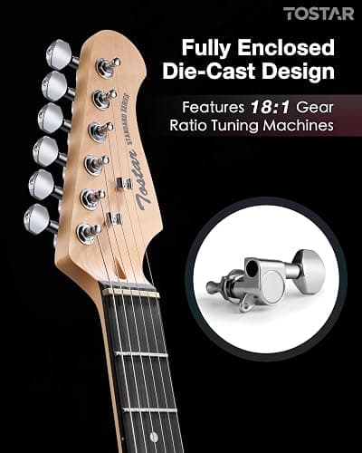 Tostar Electric Guitar Kit for Beginners with 39" Lightweight Body, Red | Rounded Matte Body, Rich Sound, SSH Pickups, 5 Way Switch, 1:18 Tuners, Vintage Tremolo Bridge, Complete Accessories Kit thumbnail 3