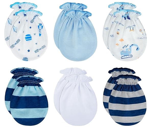 RATIVE No Scratch Mittens and Caps 100% Cotton for Newborn Baby 0-6 Months Boys Girls - 6 Pairs/Mb-67 - Mittens