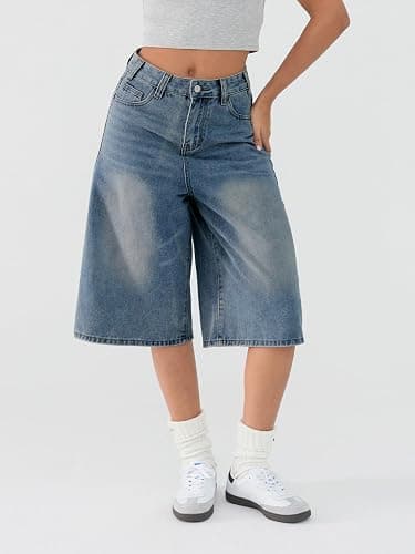 EMMIOL Machine Wash Y2K Jorts Women Wide Leg Baggy Long Jean Shorts Loose Fit Grunge Bermuda Denim Shorts thumbnail 2