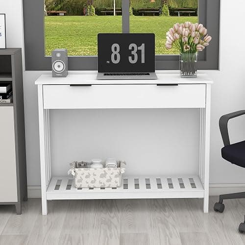 TaoHFE White Narrow Console Table with Storage Modern Wood Entryway Table with Drawer Hallway Table Sofa Tables for Living Room, Entrance Tables for Front Door Corridor, Office, White - White - with Drawer thumbnail 7