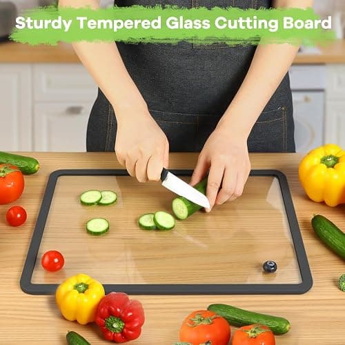 IDekooror Cutting Board, Tempered Glass Cutting Board for Kitchen Counter, 2Pcs Chopping Board Set with Non-Slip Silicone Edges, Heat Resistant, Dishwasher Safe, Kitchen Decoration thumbnail 4