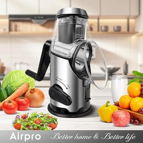 Airpro Rotary Cheese Grater with Handle - Vegetable Shredder with 3 Stainless Steel Blades & Strong Suction Base,Round Mandoline Slicer & Food Chopper for Kitchen thumbnail 2