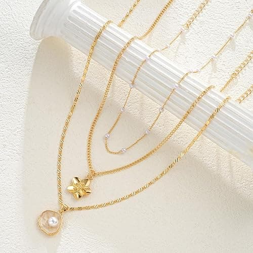Hibiscus Stack Necklace for Women Gold Flower Necklace Waterproof Beach Vacation Layered Necklace Jewelry thumbnail 6
