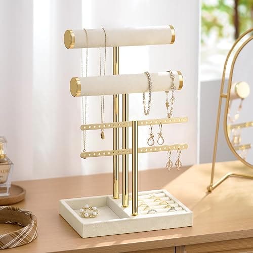 Bracelet Holder Jewelry Organizer Display - Beige Jewelry Velvet Stand,  3 Tier T Bar Storage for Bracelet, Necklaces, Earrings, Rings, Watches thumbnail 7