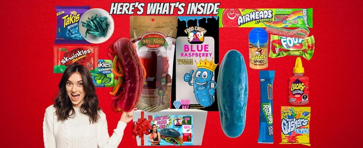Chamoy Pickle Kit For 2 + Blue Raspberry Pickle Kit Easter Valentines Day Gift Box From Tiktok with Takis chips, Fruit Roll ups, skwinkles and other Mexican candy snacks Variety Pack by Food Crush - Chamoy + Blue Raz Gift Box thumbnail 8