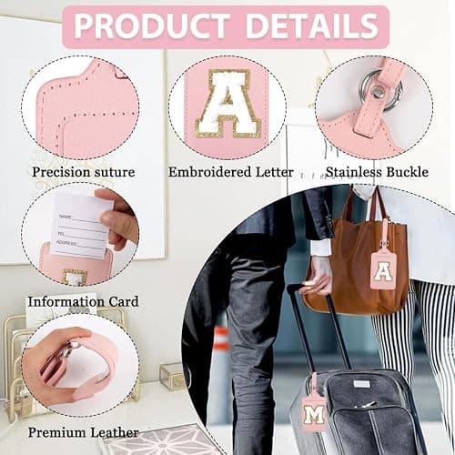 Personalized Initial Luggage Tags for Suitcases, Leather Chenille Letter Cute Luggage Tags with Privacy Name Card, Embroidered Travel Bag Backpack Tag Gifts for Women Kids Girls Teens(Pink-M) thumbnail 3