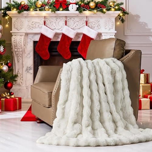 Lotus Karen Faux Fur Throw Blanket Cream White - Big Bubble Rabbit Fluff Blanket for Couch, Small Fluffy Fuzzy Cozy Blanket, Thick Furry Plush Shaggy Blankets, 50x60 Inches thumbnail 2