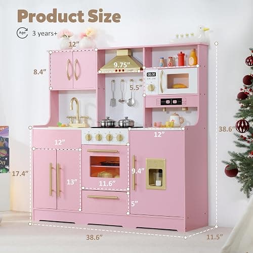 TODEFULL Kids Kitchen Playset, Wooden Play Kitchen with Toy Storage System, Pretend Play Kitchen Set Toy with Range Hood, Ice Maker & Coffee Maker, for Kids Ages 3+, Pink thumbnail 2