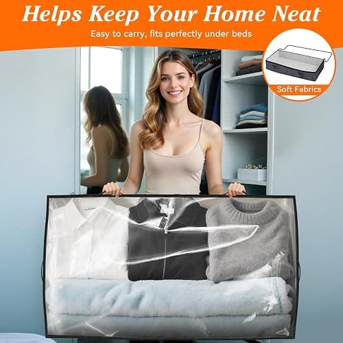90L Under Bed Storage Containers, Storage Bags, Organizers, 4-Pack, Gray | Foldable, Soft Fabric, Closet Organizers, Reinforced Handle, Label Holder, Clear Window, for Comforters, Clothing, Blankets thumbnail 6