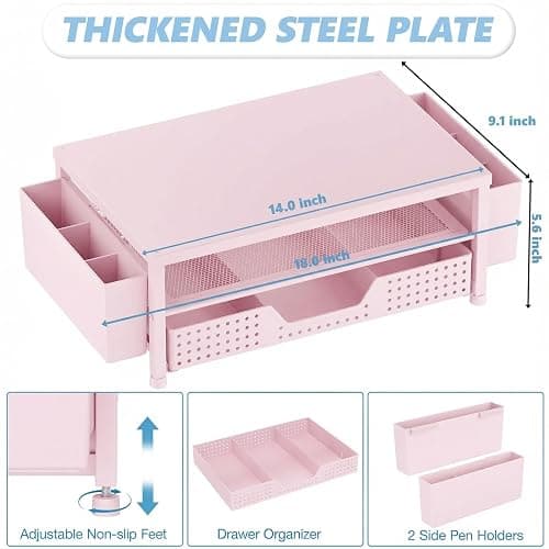 OPNICE Desk Organizers and Accessories, 2-Tier Computer Monitor Stand Riser with Drawer and 2 Pen Holders, Laptop Stand, Office Desk Accessories for Office Supplies, Pink thumbnail 2