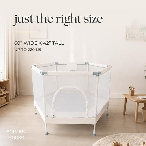 Square House Kids Trampoline, Aesthetic Indoor and Outdoor Toddler Trampoline with Safety Net, Basketball Hoop, 220lb Capacity, Ultra Safe No-Gap Design, Gifts for Boys & Girls thumbnail 2