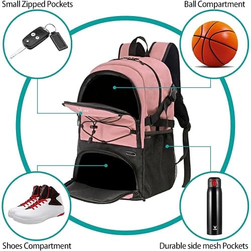WOLT Basketball Backpack Large Sports Bag with Separate Ball Holder & Shoes Compartment, Best for Basketball, Soccer,Gym - Lightpink thumbnail 3