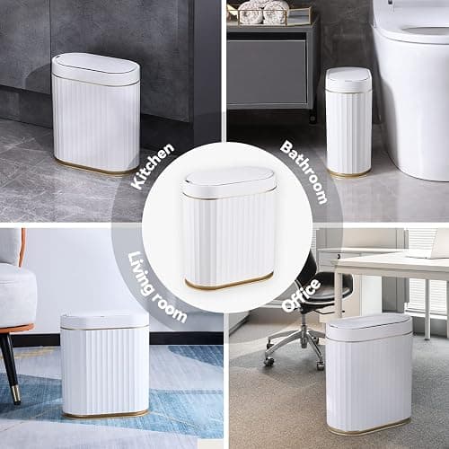 ELPHECO Automatic Motion Sensor Trash Can - 2 Gallon Slimline for Bathroom, Bedroom, Kitchen, Office - White with Gold Trim thumbnail 6