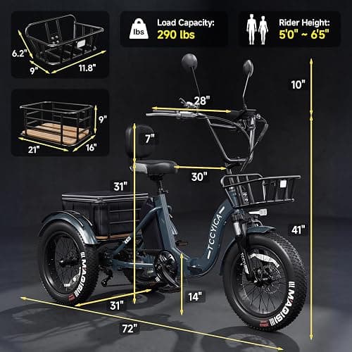 tccyica Electric Tricycle for Adults, Fat Tire 3 Wheel Electric Trike Ebike, 750W Motor Peak 1350W, 52V 32Ah Removable Battery, 50 Miles Range, 7 Speed, 4-Piston Hydraulic Brakes, Cargo Rack thumbnail 9