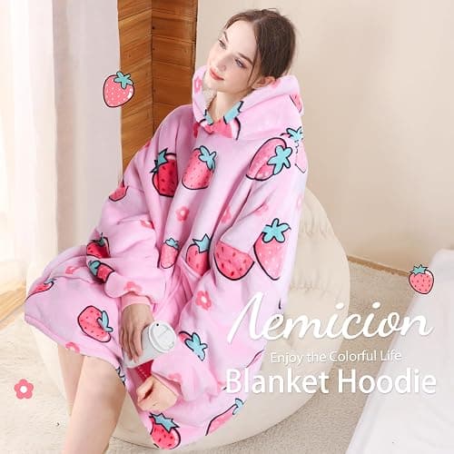 Aemicion Blanket Hoodie for Adults,Super Warm Cozy Giant Wearable Blanket,Thick Sherpa Sweatshirt Blanket with Sleeves as Gifts for Women Mom Teen Girls -Pink Strawberry thumbnail 6