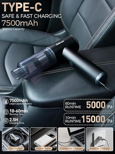 aokway Car Vacuum Portable Cordless 15000PA Powerful Suction, 7500mAh, 4-in-1, High Power Mini Vacuum Cleaner for Car, Home, PC, Keyboard, Desk Cleaning Small Handheld Rechargeable (Black) thumbnail 6