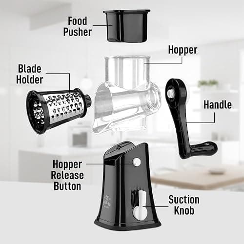 Zulay Kitchen Rotary Cheese Grater 5 Blade Cheese Shredder - Manual Hand Crank Cheese Grater With Reinforced Suction & 5 Interchangeable Drums - Easy to Use, Vegetable Chopper Round Mandoline Slicer thumbnail 8