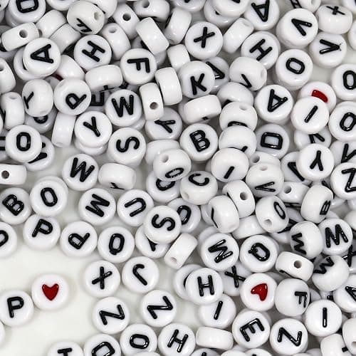 WangLaap 1450Pcs Letter Beads, Acrylic 4x7mm Round Alphabet A-Z and Red Heart Black Star Beads for Bracelets Necklaces DIY Jewelry Making (White) thumbnail 9