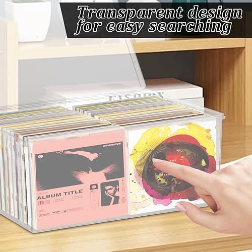 Stackable Clear Plastic CD Organizer,11.9"x 8.5"CD Storage Box, Clear CD Holder Case with Lids Store 40+ CDs, Storage Container Shelf Organizer Bin for DVDs,Video Games, Blu-ray, Books, Home, Office thumbnail 4