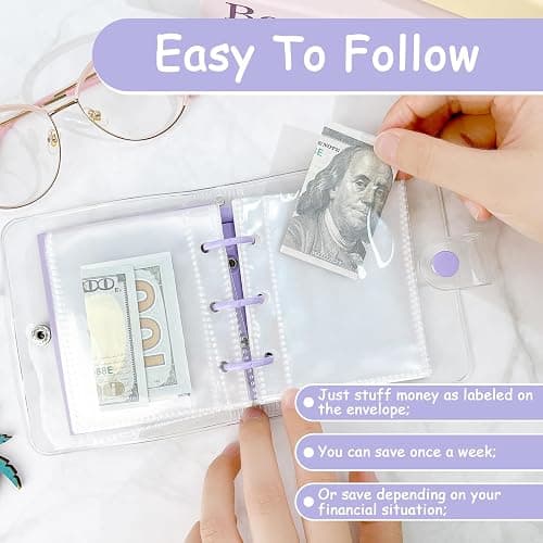 Drawelry Mini Money Saving Binder, 25 Cash Envelopes Money Saving Challenge Binder $500 $1000, Portable Savings Book Envelopes Stickers for Budgeting Planner Christmas Birthday Gift (Purple, $500) thumbnail 4