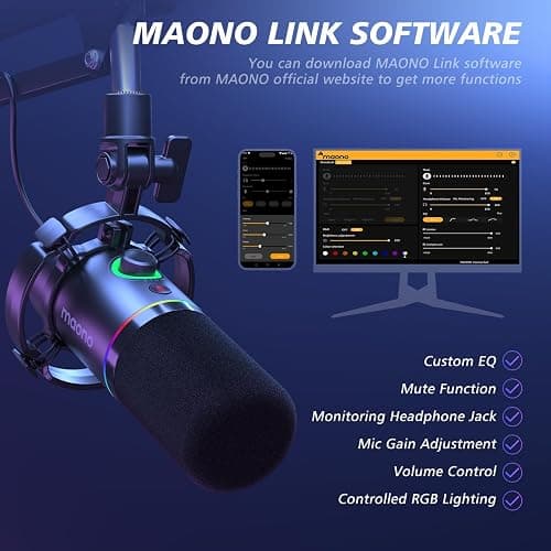 MAONO PD200XS XLR/USB Dynamic Microphone Kit, RGB Gaming Mic with Software | PC Mic with Mute, Gain Knob, Volume Control, Boom Arm for Streaming, Gaming, Podcasting, Voice-Over, Recording thumbnail 3