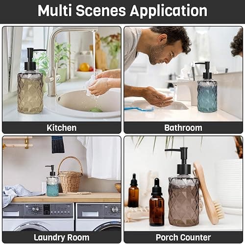 Ulable Glass Soap Dispenser with Plastic Pump, 2 Pack 12oz Gradient Diamond Design Black Soap Dispenser for Dishwashing Liquid, Lotion Shower Gel thumbnail 4