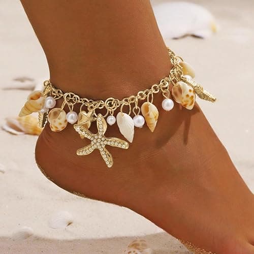Qceasiy Ankle Bracelet Set for Women, Gold Boho Bead Adjustable Anklet, Hawaiian Beach Pearl Heart Starfish Foot Jewelry Gifts thumbnail 2