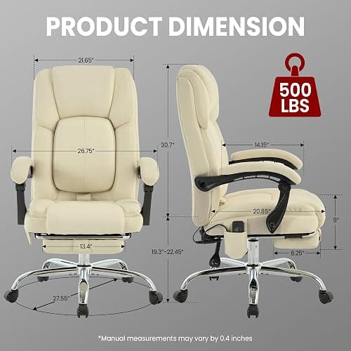 4 Points Massage Office Chair with Footrest 500lbs,Reclining Executive Desk Chair with Vibration Heat for Heavy People,Lumbar Support PU Leather,Adjustable Height Ergonomic (Beige) thumbnail 2