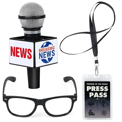 Yewong Kids Journalist News Reporter Costume Accessories Set Press Pass Microphone Prop Costume Glasses for Career Day Party (Set A) - Image 1