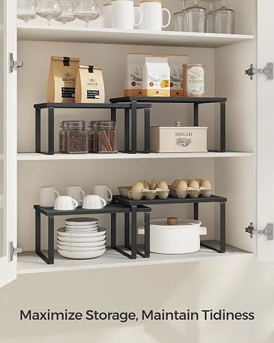 SONGMICS Cabinet Organizer Shelf, Set of 4 Kitchen Counter Shelves, Kitchen Storage, Spice Rack, Stackable, Expandable, Metal and Engineered Wood, Ink Black and Ebony Black UKCS027B01 thumbnail 4