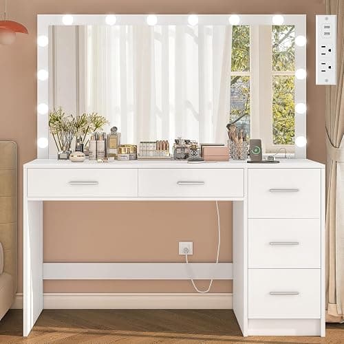 FIONESO 47.2" Large Vanity Desk with Mirror & 14 LED Lights, Makeup Vanity Table with 5 Drawers & Charging Station, Makeup Vanity Desk, 3 Lighting Colors, Dressing Vanity Table for Bedroom, White thumbnail 3