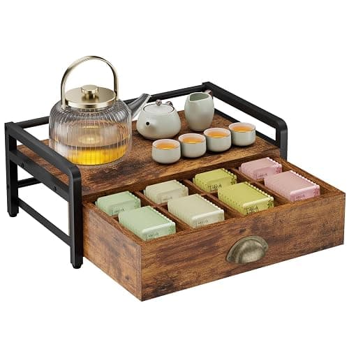 IBUYKE Tea Bag Organizer,Tea Box with Drawer,Brown TCJ004H | Wood Tea Bag Holder for Countertop 2 Tier Tea Station Organizer with Metal Frame for Kitchen Cabinet Coffee Station Office - Image 1
