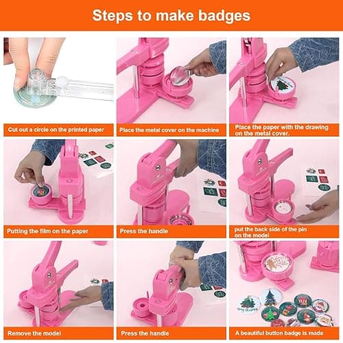 MECOLOUR Button Maker Machine Multiple Sizes 1.26+I1.73+2.28 inch Pin Maker Machine,150pcs Button Badge Making Supplies,Button Press Machine for DIY Personalized Pinback Buttons Children DIY Gift(Pink) thumbnail 4