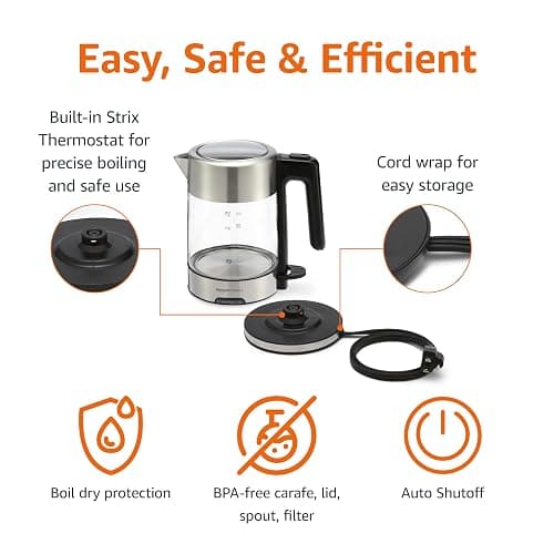 Amazon Basics Electric Kettle with Glass Carafe for Tea and Coffee, BPA-Free, Fast Boiling, Auto Shut-Off, Boil-Dry Protection, Water Level Indicator, 1.7 Liter, 1500W, Black and Silver thumbnail 4