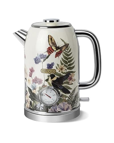 INFOOD Retro Electric Kettle 1.8L/60.8oz with Thermometer - 1200W Fast Boiling Stainless Steel Tea Kettle with Water Level, BPA-Free, Auto Shut-Off, Boil-Dry Protection, Vintage Floral Design - Image 1