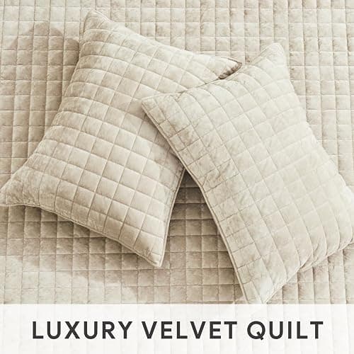 RECYCO Luxury Velvet Quilt Set, California King 118'' x 106'' Oversized Bedspread, Ultra Soft Velvet Comforter, Lightweight Box Stitch Bedding Sets for All Season, with 2 Shams, Beige thumbnail 4