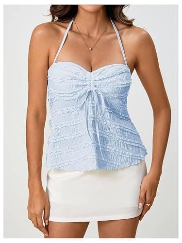 SOLY HUX Women's Peplum Halter Crop Tops Y2K Drawstring Tie Ruched Dressy Casual Spaghetti Strap Cami Top thumbnail 3