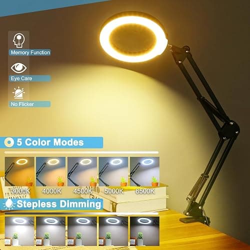 Coyeth 10X Magnifying Glass with Light and Clamp, Real Glass Stand Lighted Magnifier, 5 Color Modes Stepless Dimmable LED Desk Lamp Hands Free for Crafts Hobby Reading Painting Sewing Close Work thumbnail 4