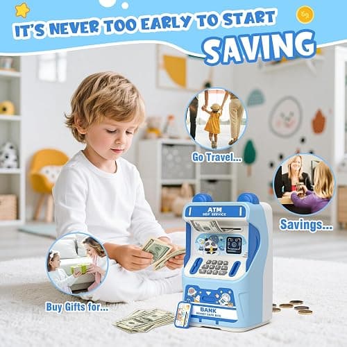 Rabbit ATM Piggy Bank for Girls with Automatic Bill Roller, Electronic Coin Bank with Simulated Card Slot & Facial Recognition, ATM Money Saving Box with Music Function for Kids(Blue) thumbnail 4