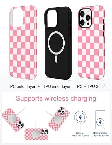 Jusy Magnetic Checkered Phone Case for iPhone 17,Pale Pink | Compatible with MagSafe, Cute Aesthetic Plaid Design, TPU and PC Protective Shockproof Cover thumbnail 2