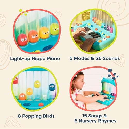 B. toys – Hippo Pop – Musical Toy Keyboard – Play Piano – Songs, Sounds & Lights – Musical Instrument for Toddlers, Kids – 12+ Months thumbnail 4