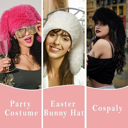 HENWASAI Y2K Fuzzy Bunny Hat for Women Cute Furry Beanie with Ears | Long Rabbit Ears Hat for Festival, Easter, Rave Party thumbnail 5