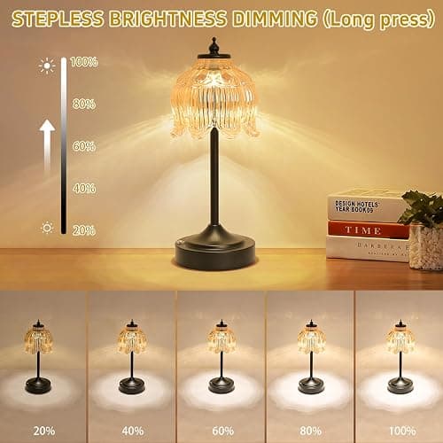 Crkwos Cordless Table Lamp, Rechargeable Amber Glass Lotus Flower Lamp | 5200mAh touch lamp with 3 color modes and stepless dimming, battery operated lamp for nightstands and kitchen counters thumbnail 5