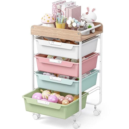 SYKIARIOL Rolling Storage Utility Cart with 4 Drawers,Kids Craft Art Cart,Makeup Organizer and Storage with Wooden Tabletop,Colorful - Image 1