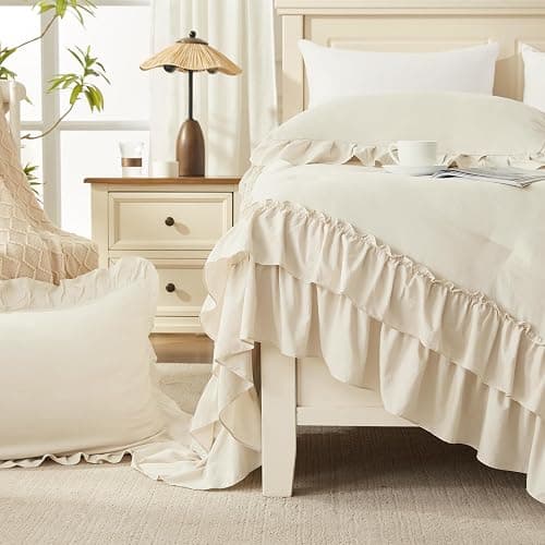Andency Beige Full Size Comforter Set, 3 Pieces Farmhouse Shabby Chic Ruffle Comforter Set, Soft Lightweight Fluffy All Season Microfiber Bedding Comforter Set for Kids, Girls, Women thumbnail 6