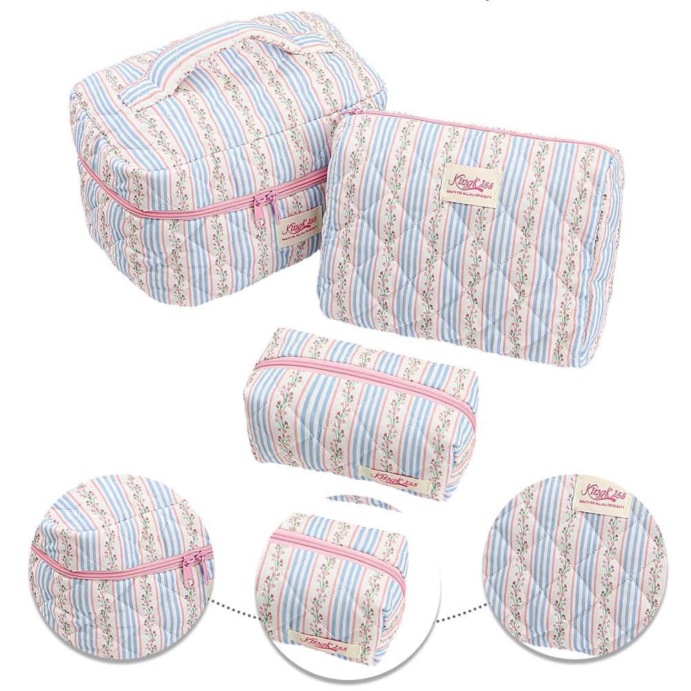 Quilted Makeup Bag Set for Girls Women - 3Pcs Cute Floral Cotton Makeup Bag, Large Aesthetic Floral Cosmetic Bags Coquette Flower Travel Toiletry Organizer for Daily thumbnail 2
