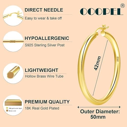 4mm Thick Gold Chunky Earrings Steling Silver Post Hoops Earrings For Women Hollow Tube Hoops Earrings Thick Gold Hoop Earrings Hypoallergenic Lightweight Gold Hoop Large Earrings 20/30/40/50/60MM thumbnail 2